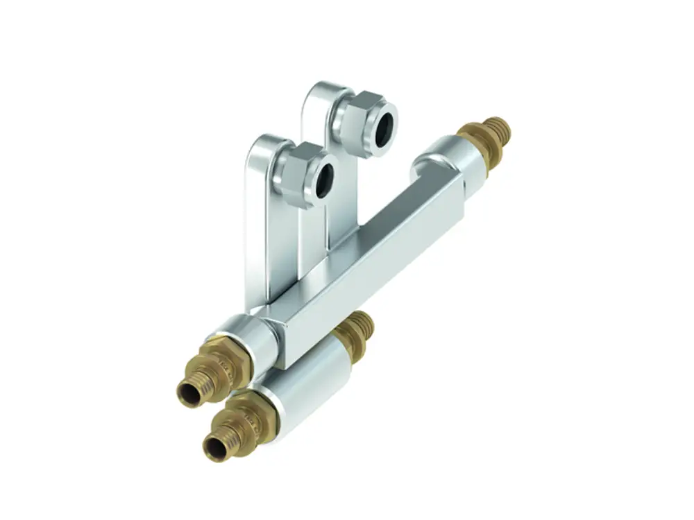 TECE-Anschlussgarnitur mit zwei Anschlussstutzen, empfohlen für Anwendungen in Heizungs- und Sanitärinstallationen. Metallische Konstruktion mit vernickelter Oberfläche.